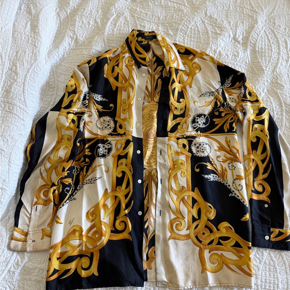 Versace Black, White & Gold Baroque Print Dress Shirt